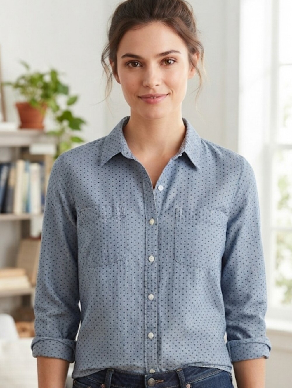 Women's Merona Long Sleeve Light Blue Diamond Dot Button Down Shirt Size XL